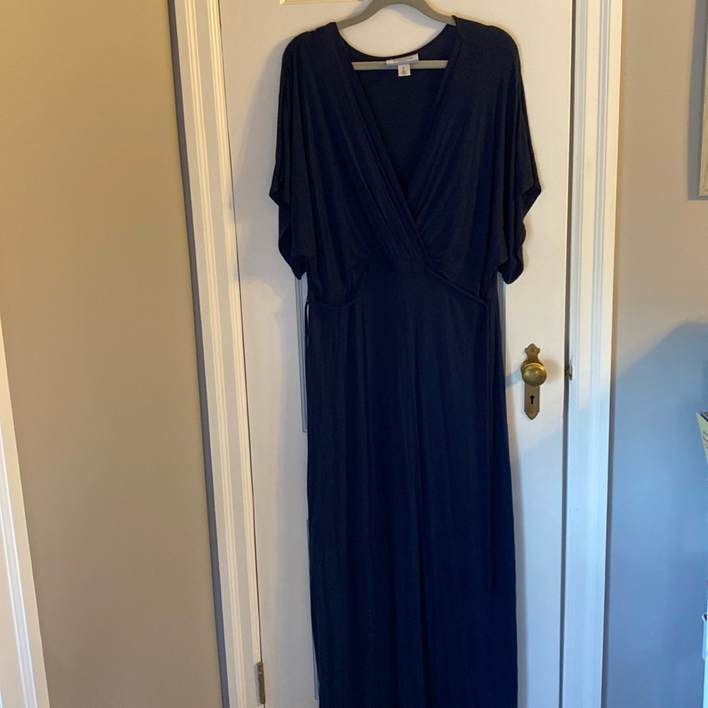Motherhood Maternity Navy Blue Nursing Friendly Maxi dress waist tie. Size L